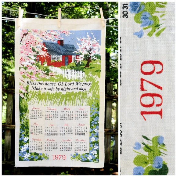 VTG 1979 'Bless This House' Prayer Red Cottage in Spring Calendar Tea Towel